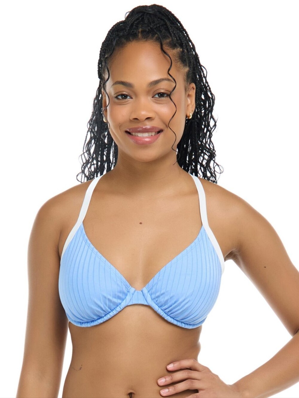 Light Blue Ribbed Underwire Bikini Top Cross Cross Back White Straps, F